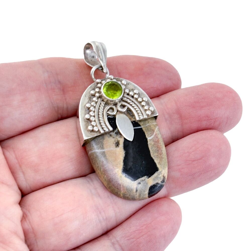 Vintage Sterling Silver 925 Jasper and Green Cubic Zirconia Pendant